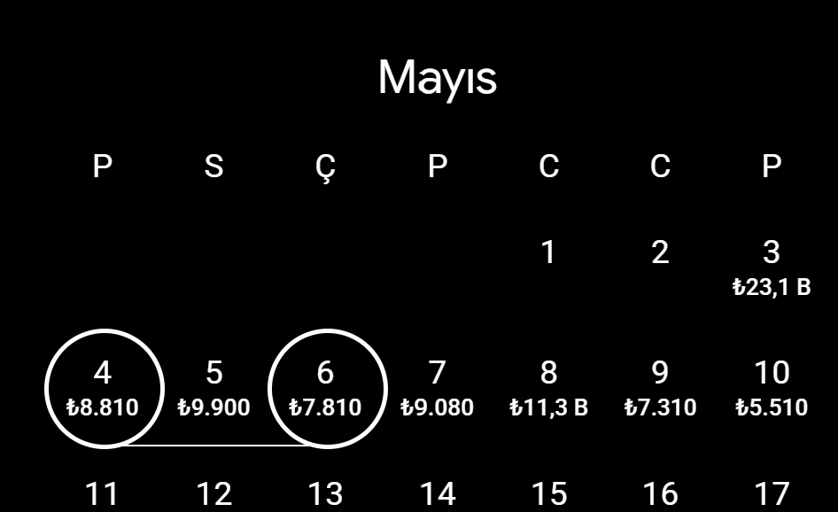 A table-like calendar. 3 May and 6 May is marked with a circle