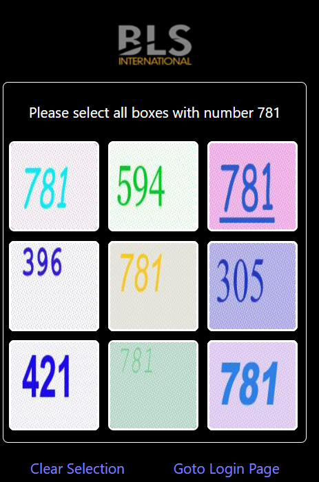 A CAPTCHA page asking to select the number 781. There are 9 boxes with different colors